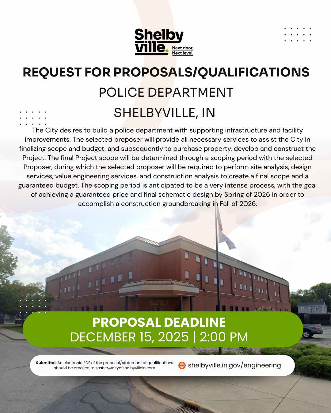 Text overlay on outdoor picture of city of shelbyville indiana police department building